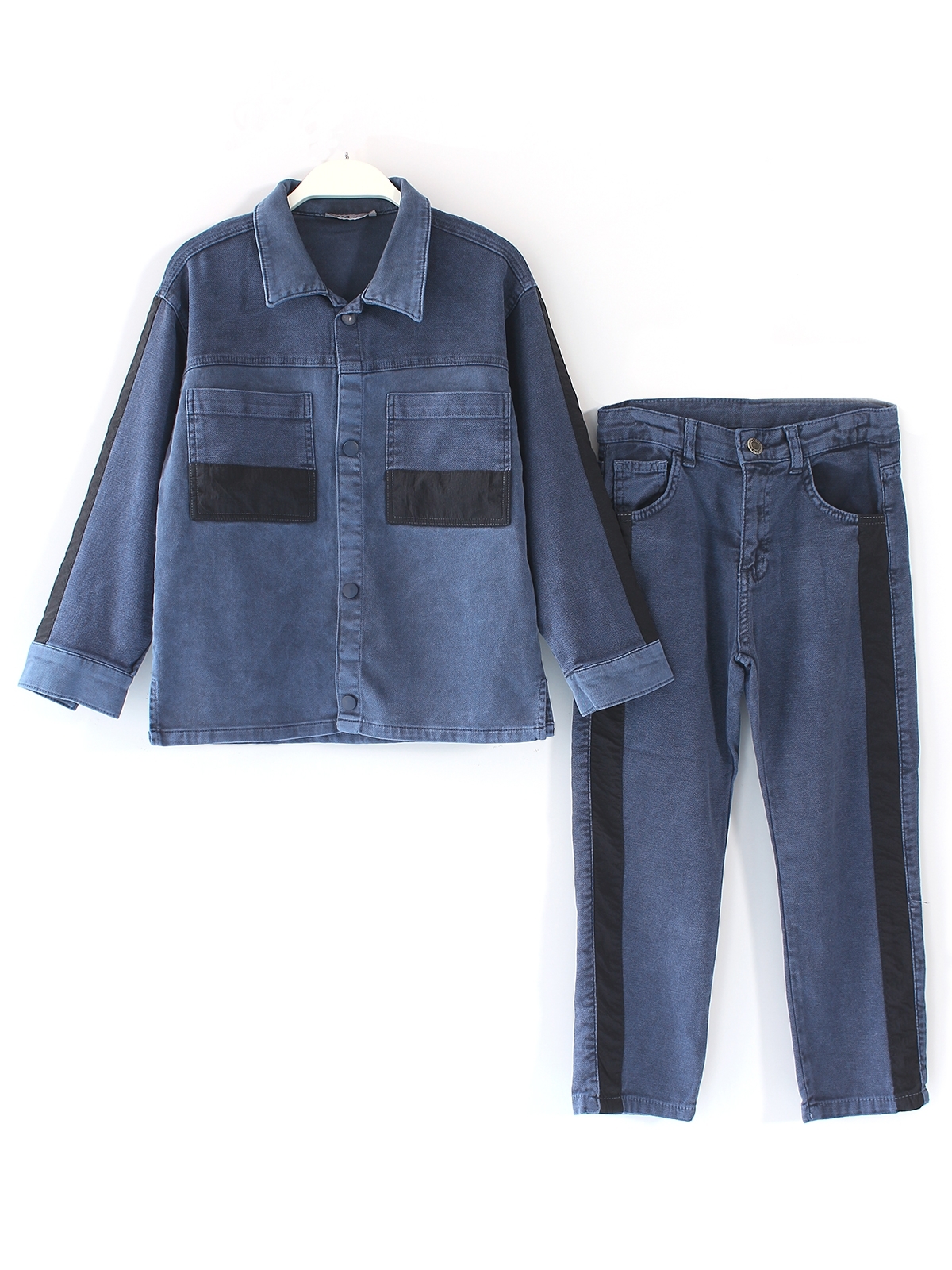 Erkek Çocuk Şerit Detaylı Denim Gömlek Pantolon Takım Mavi Kot Çocuk Takım | DobaKids