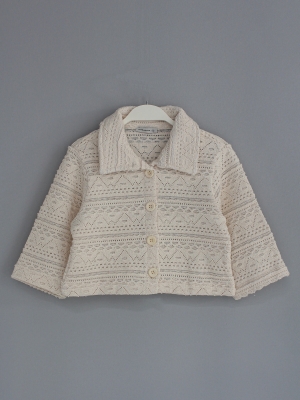 Nostalgia Series Ajurlu Örme Kız Çocuk Crop Dantelli Kapri Kol Hırka Ekru | DobaKids