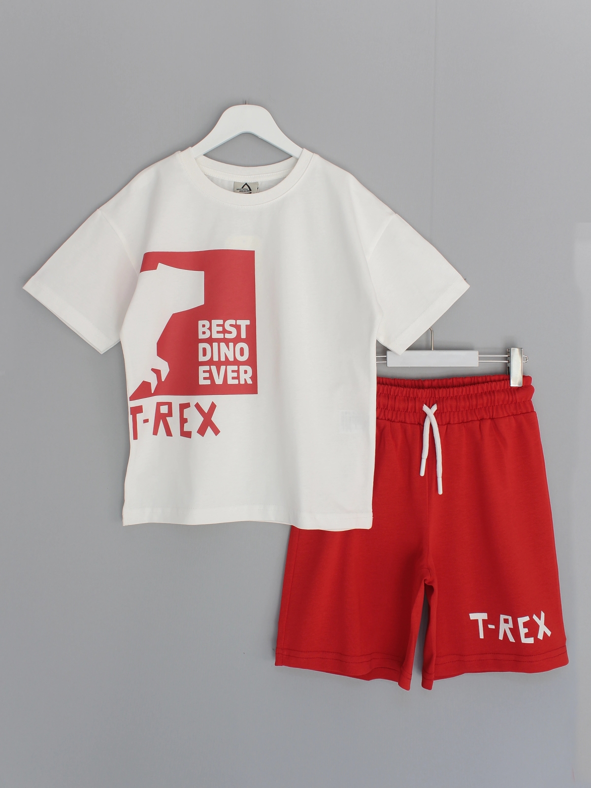 Roar Series Erkek Çocuk Oversize Kapri Tişört Takım - Dinazorlu Takım Kırmızı | DobaKids