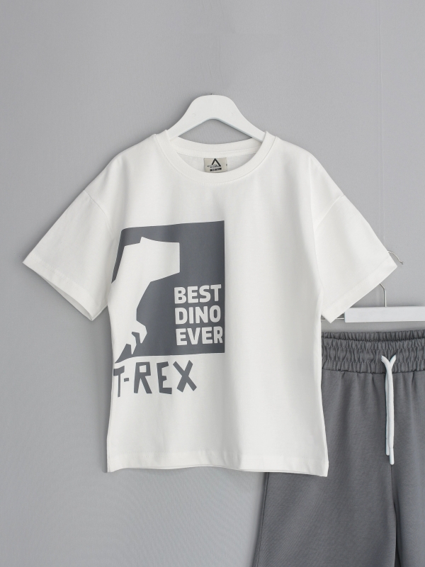 Roar Series Erkek Çocuk Oversize Kapri Tişört Takım - Dinazorlu Takım Gri | DobaKids