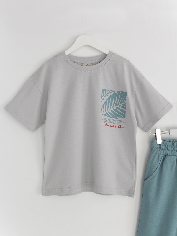 Erkek Çocuk Oversize Kapri Tişört Yazlık Takım Palm Vibes Series Gri Yeşil | DobaKids