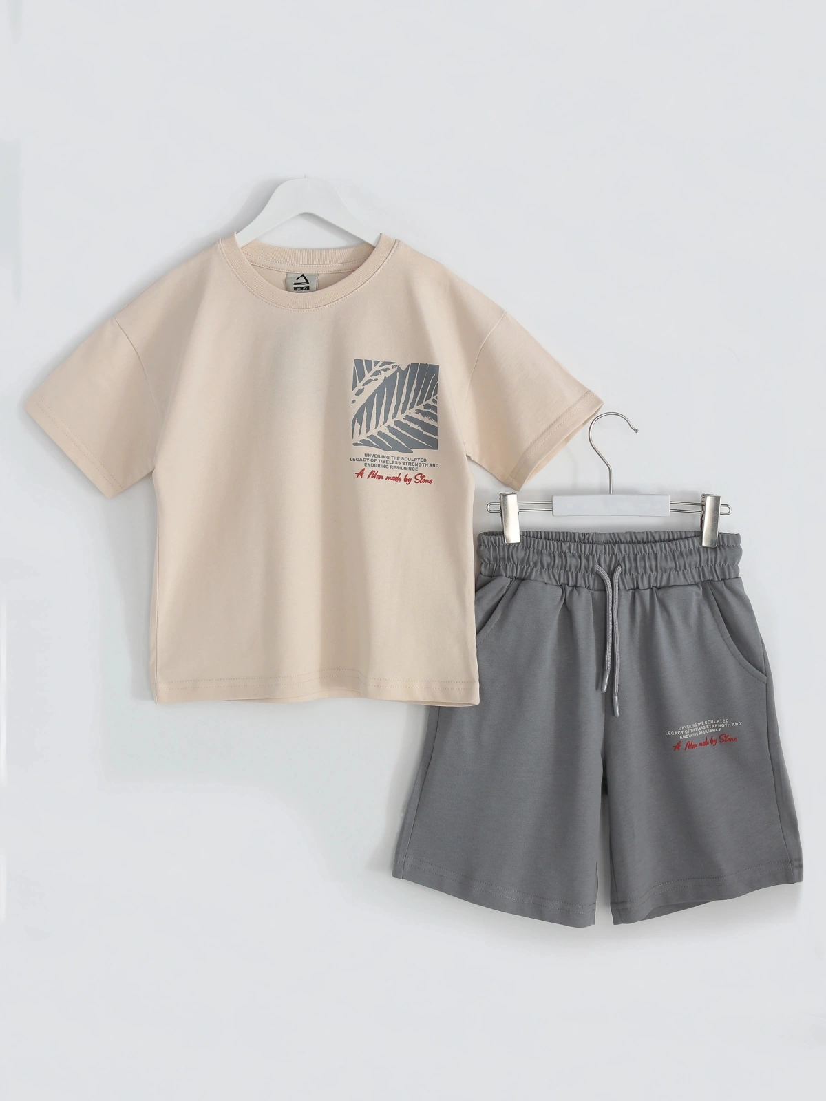 Erkek Çocuk Oversize Kapri Tişört Yazlık Takım Palm Vibes Series Sütlü Kahve Rengi - Gri | DobaKids