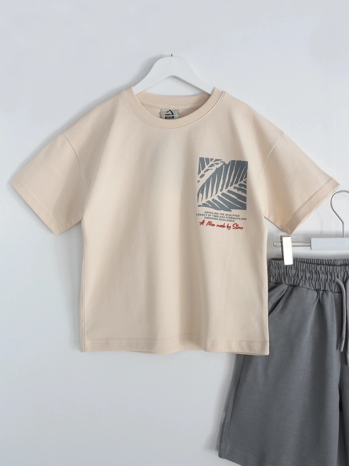 Erkek Çocuk Oversize Kapri Tişört Yazlık Takım Palm Vibes Series Sütlü Kahve Rengi - Gri | DobaKids