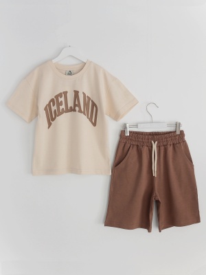West Coast Series Yazlık Erkek Çocuk Oversize T-shirt Kapri Kısa Kollu Takım - Sütlü Kahve Tişört - Kahverengi Kapri | DobaKids