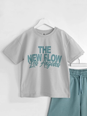 West Coast Series Yazlık Erkek Çocuk Oversize T-shirt Kapri Kısa Kollu Takım - Gri Tişört - Mint Yeşili Kapri | DobaKids