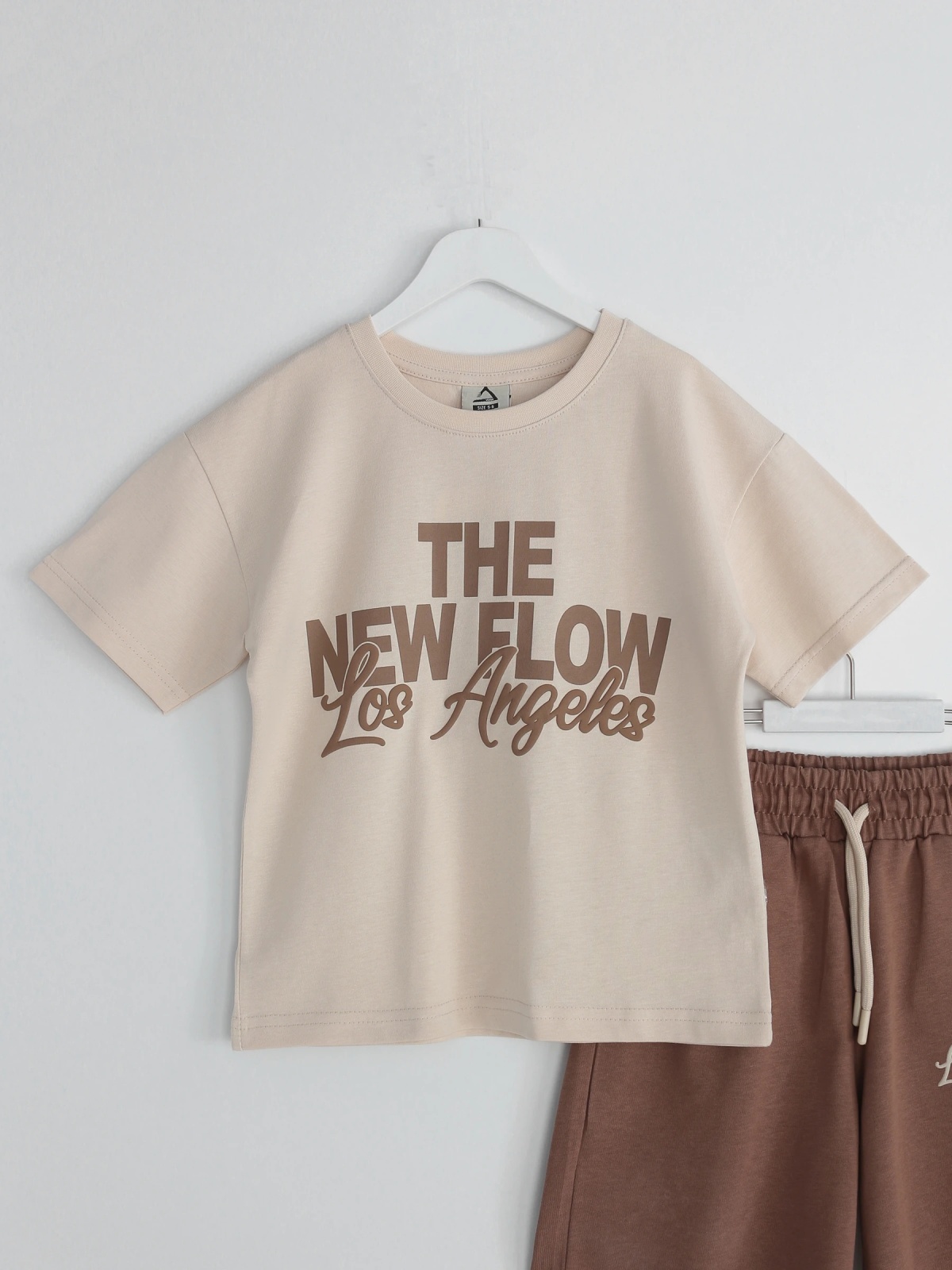 West Coast Series Yazlık Erkek Çocuk Oversize T-shirt Kapri Kısa Kollu Takım - Sütlü Kahve Tişört - Kahverengi Kapri | DobaKids