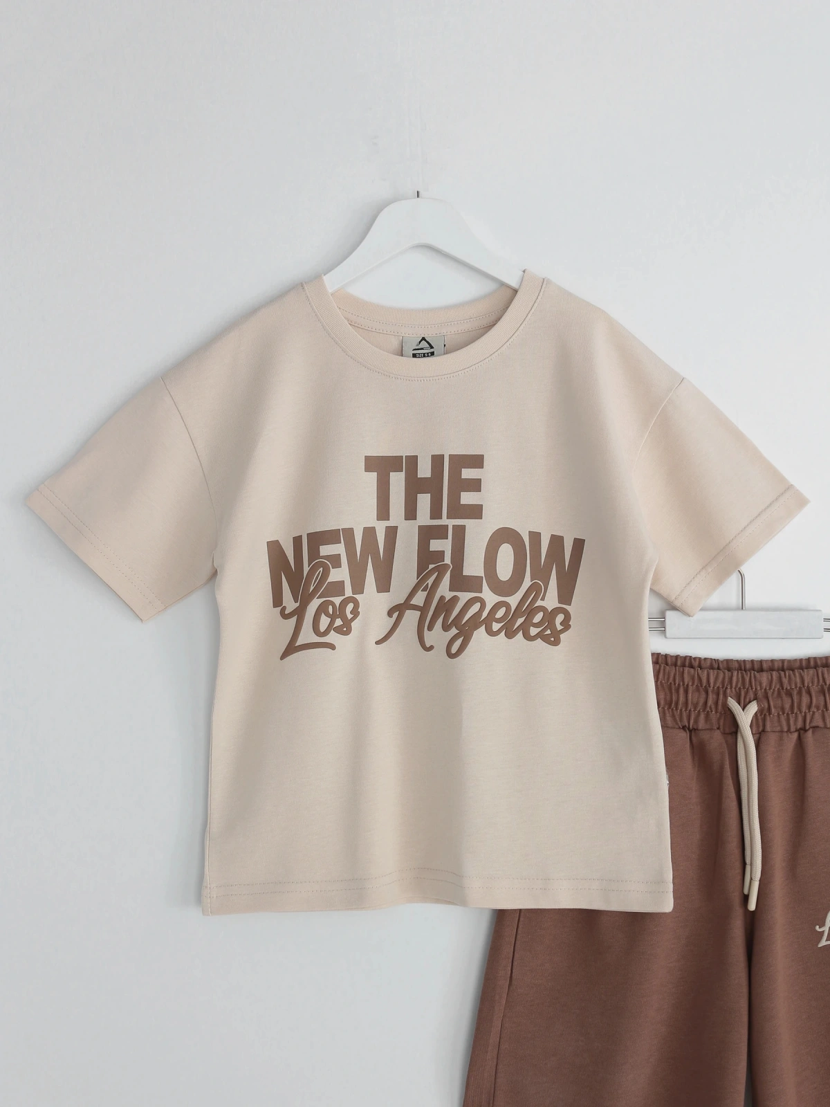 West Coast Series Yazlık Erkek Çocuk Oversize T-shirt Kapri Kısa Kollu Takım - Sütlü Kahve Tişört - Kahverengi Kapri | DobaKids