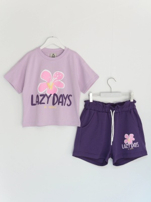 Sunny Bloom Series Kız Çocuk Oversize Şort Tişört Yazlık Kısa Kollu Takım Lila - Mor | DobaKids