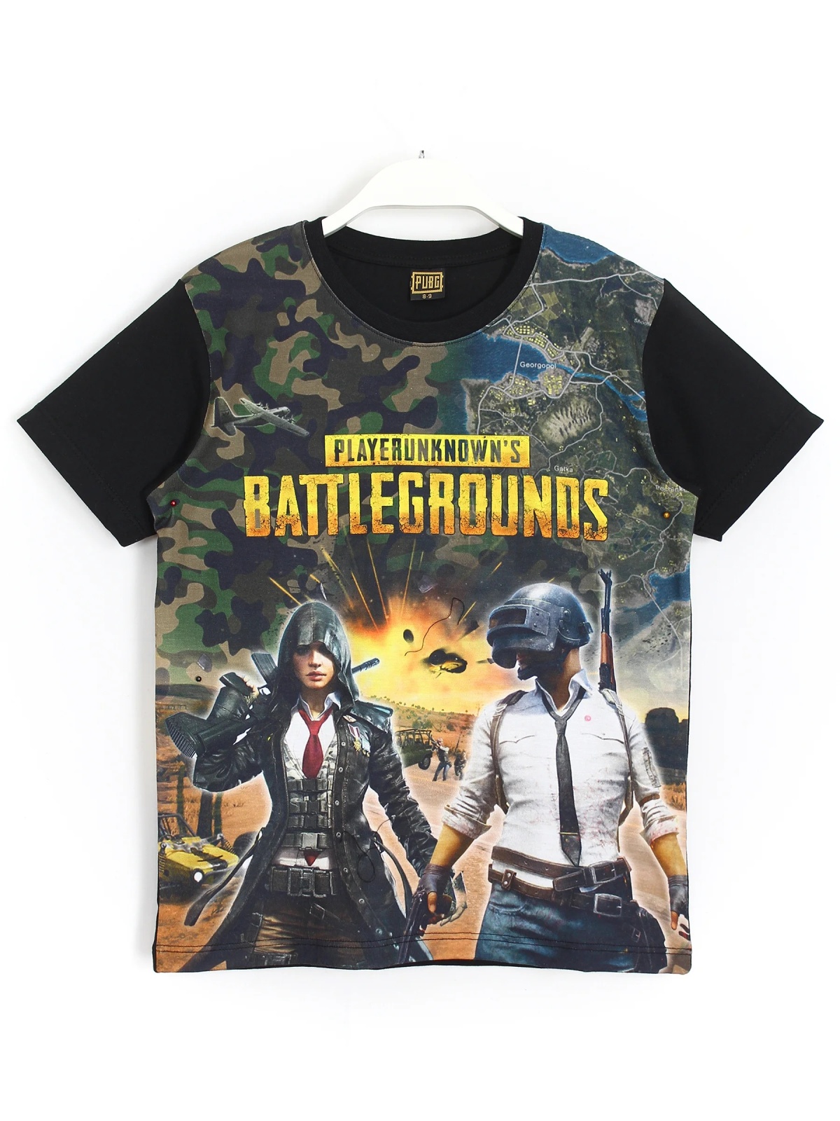 3D PUBG Baskılı Erkek Çocuk Tişört Siyah Yazlık Kısa Kollu Kamufaj Desen | DobaKids
