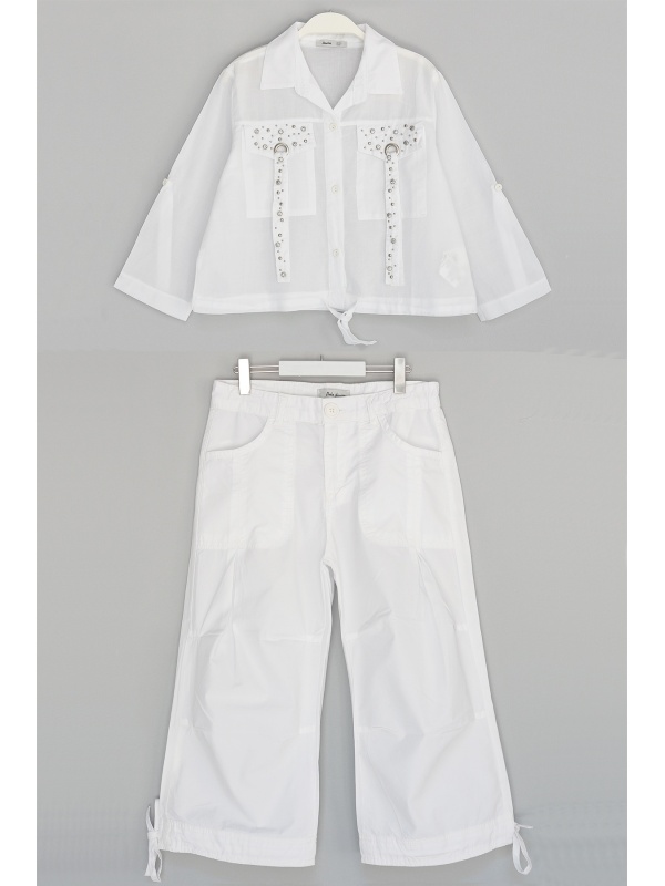 CloudWalk Series Taş İşlemeli Crop Gömlek & Bol Paça Pantolon Takım Beyaz | DobaKids