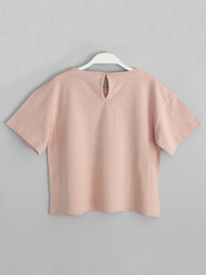 Stella Series Kız Çocuk Taş İşlemeli Düşük Omuz Oversize Crop Tişört Somon - Arka Yüz | DobaKids