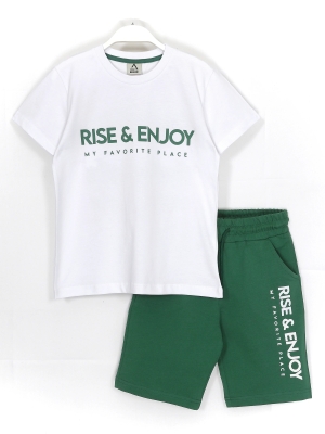 Rise & Enjoy Series Erkek Çocuk Tisört Kapri Kısa Kollu Yazlık Takım Beyaz Tişört - Yeşil Kapri Ön Yüz | DobaKids