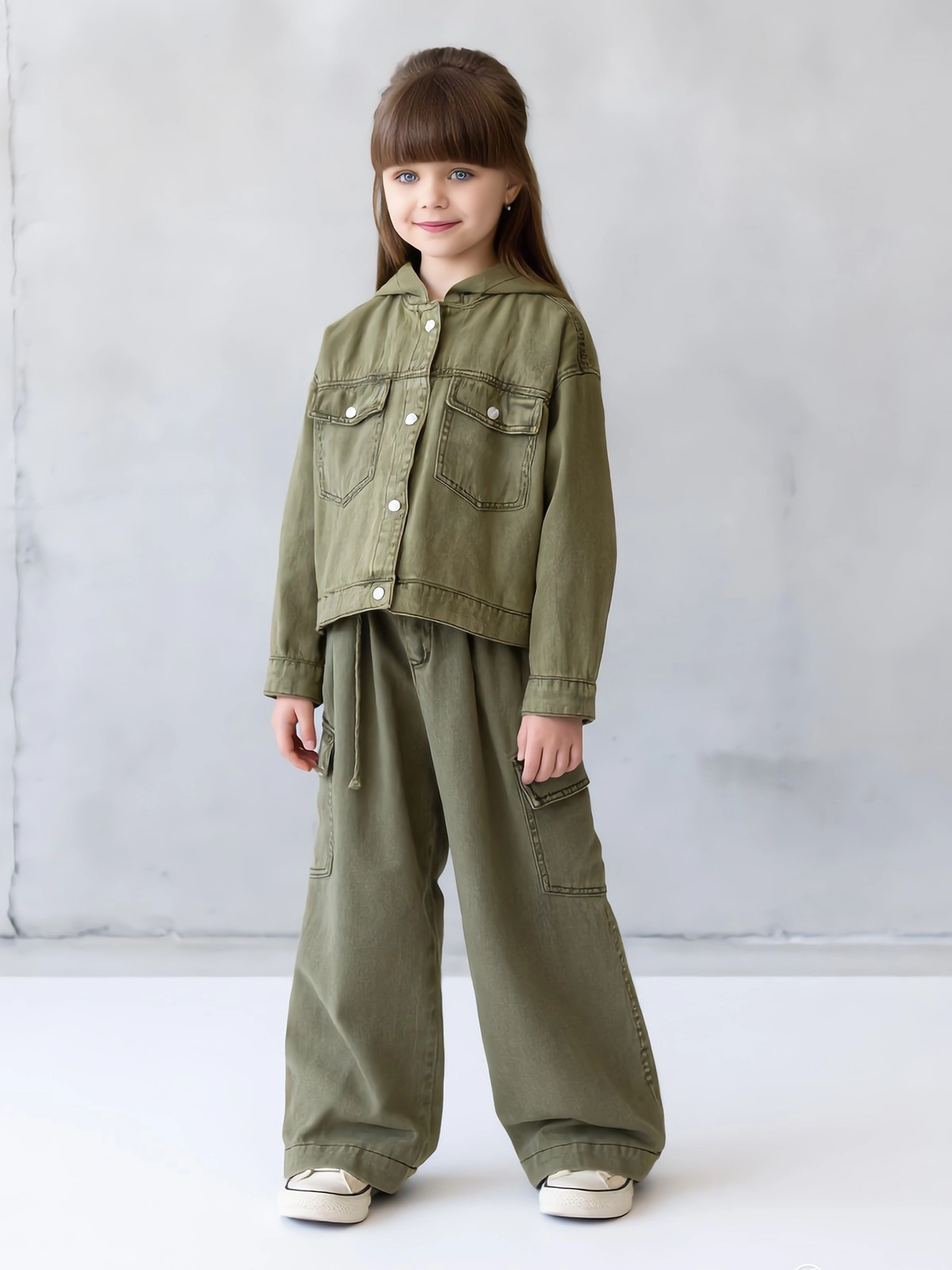 Kız Çocuk Kapüşonlu Yıkamalı Gabardin Wide Leg Kargo Takım | DobaKids