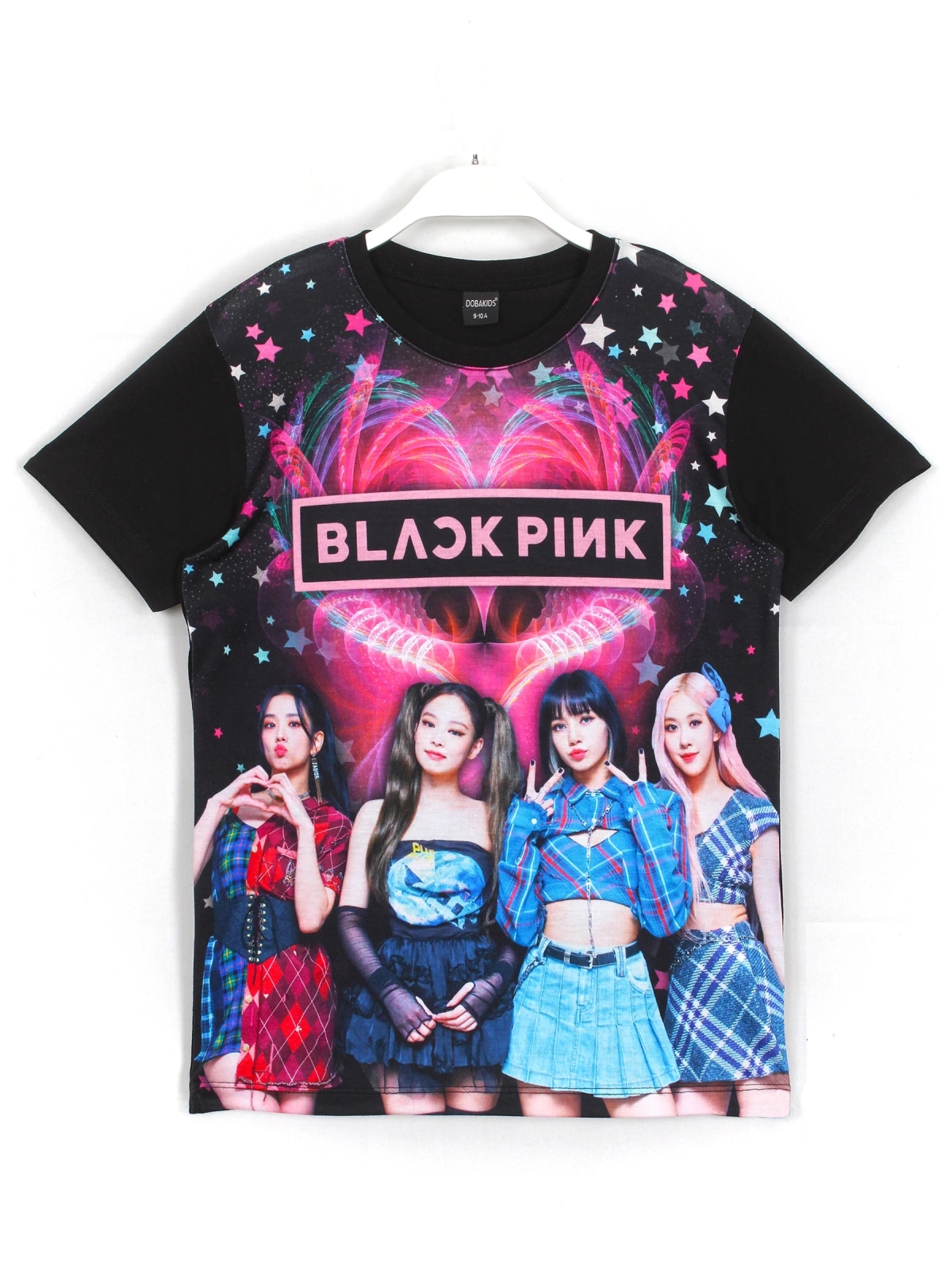 Kız Çocuk Tişört, BlackPink K-pop 3D Baskılı, Yıldız Efektli Arka Plan Desenli, Ön Yüz | DobaKids