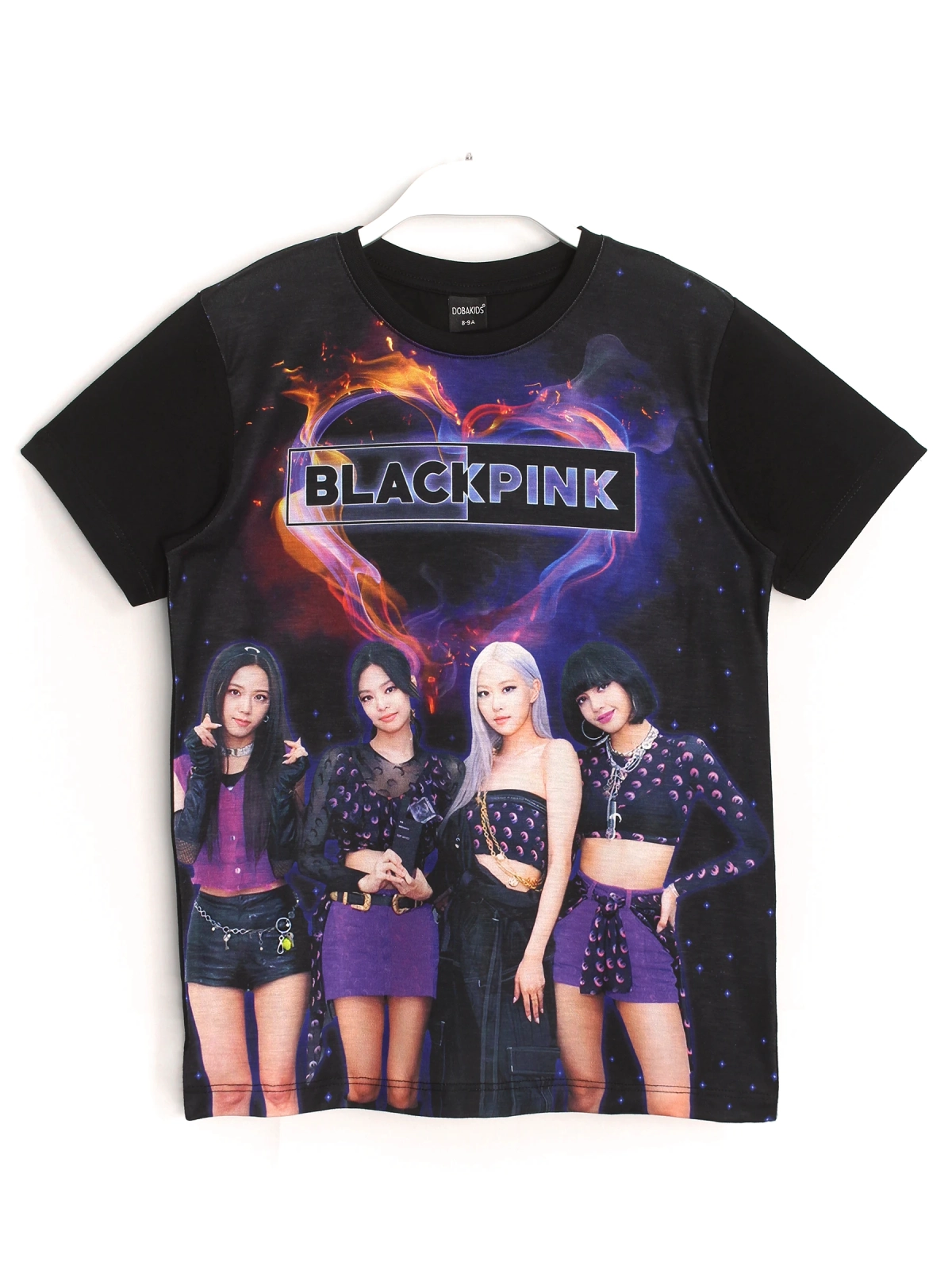 Kız Çocuk BlackPink Tişört, K-pop 3D Baskılı, Alev Kalp Efektli, Ön Yüz Görünüm | DOBAKIDS