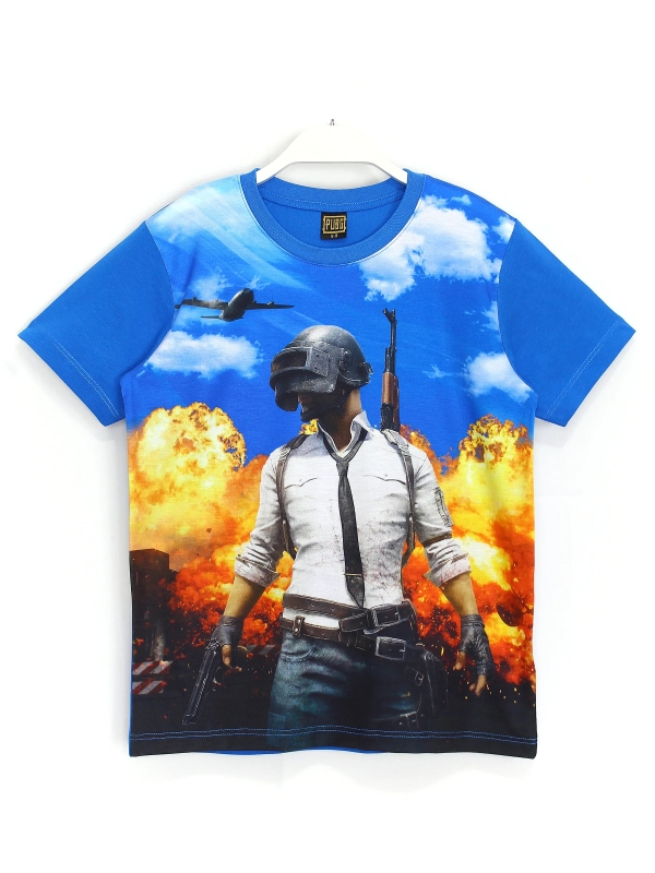Erkek Çocuk İçin Pubg Mobile Baskılı Mavi Renk Kısa Kollu Yazlık Tişört - Ön Yüz Görünümü | DOBAKIDS