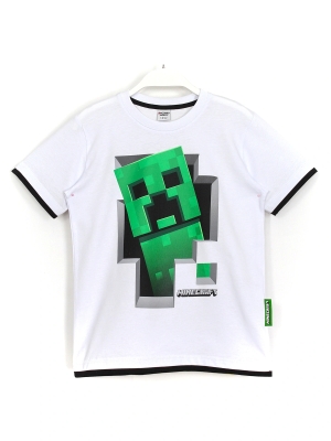 Minecraft Karakteri Creeper 3D Baskılı, Kol ve Etek Ucu Biye Detaylı Bisiklet Yaka Erkek Çocuk Tişörtü Beyaz Renk | DOBAKIDS