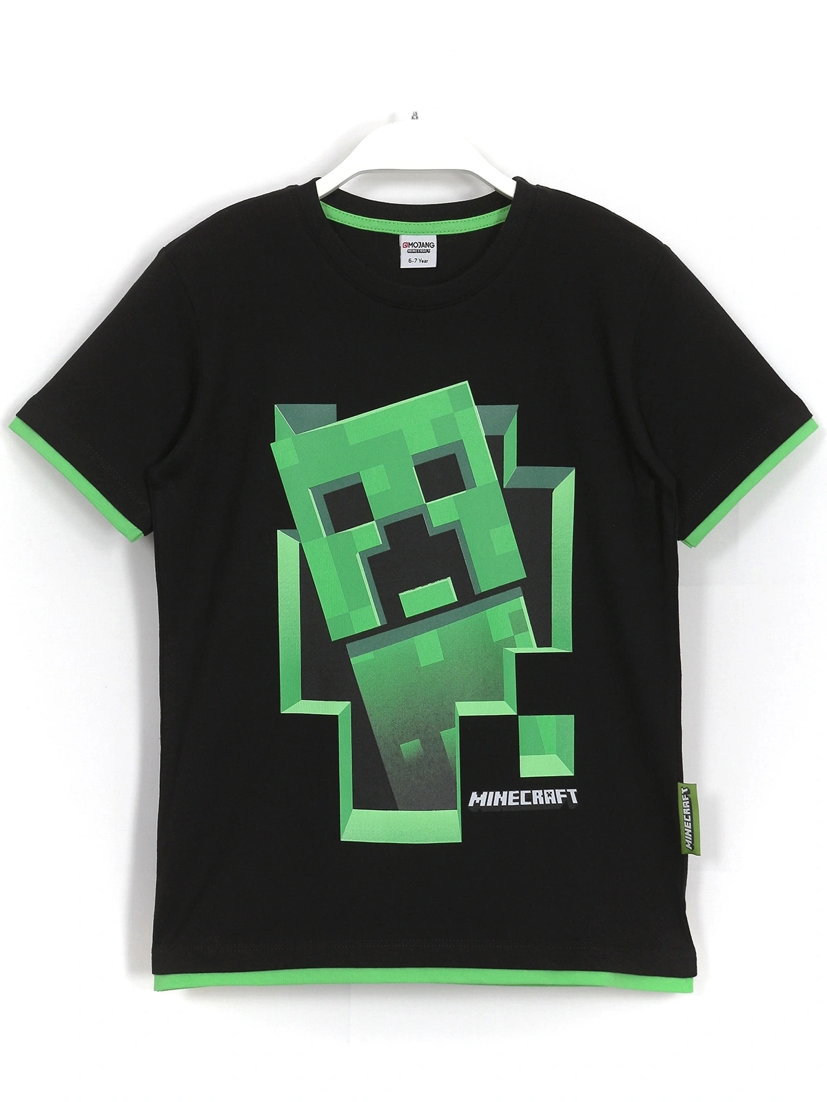 Minecraft Karakteri Creeper 3D Baskılı, Kol ve Etek Ucu Biye Detaylı Bisiklet Yaka Erkek Çocuk Tişörtü Siyah Renk | DOBAKIDS