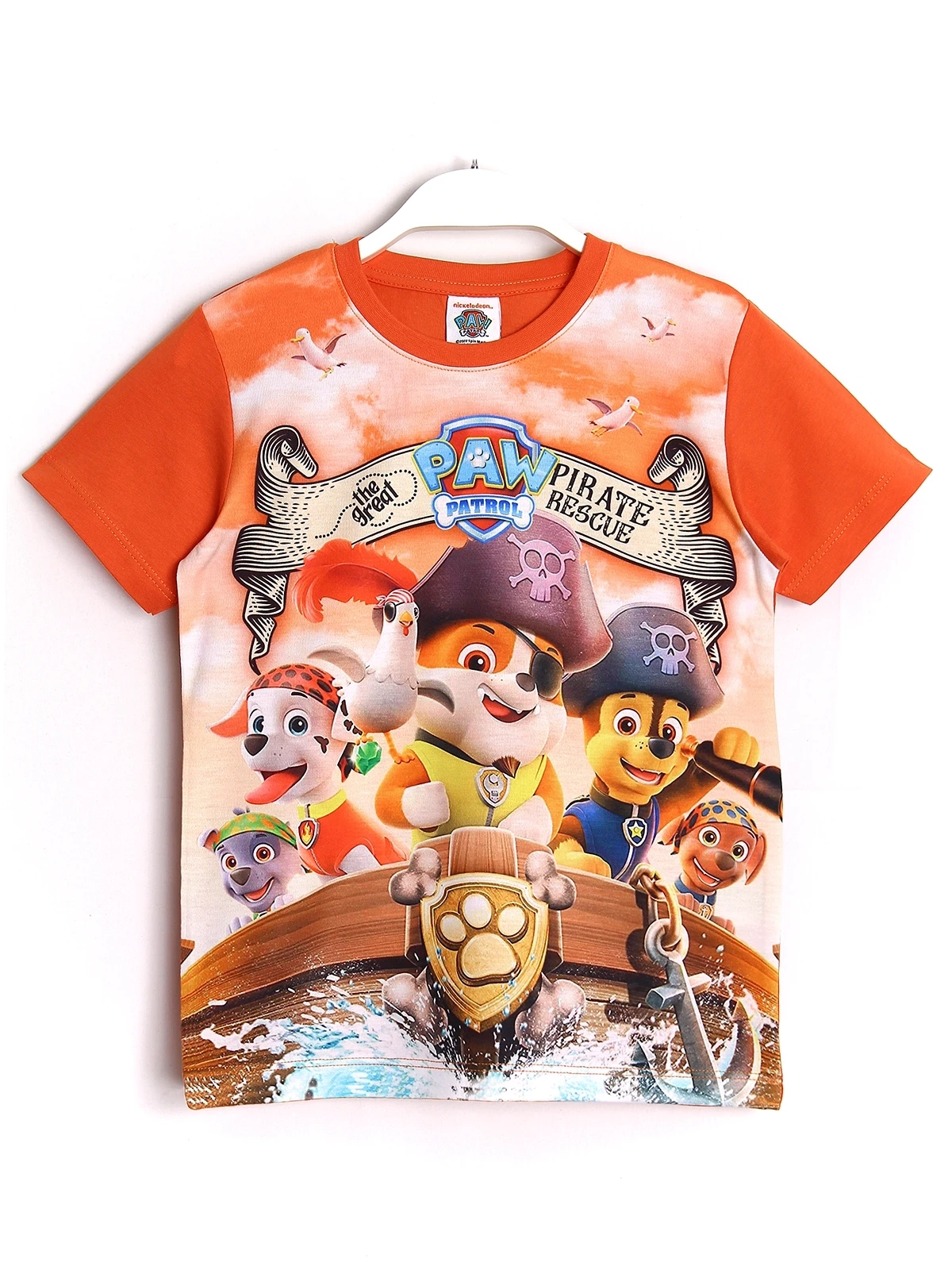 Ön Yüzü Paw Patrol Pirate Rescue Çizgi Film Karakterleri Baskılı, Bisiklet Yaka, Turuncu Renk Erkek Çocuk Tişörtü | DOBAKIDS
