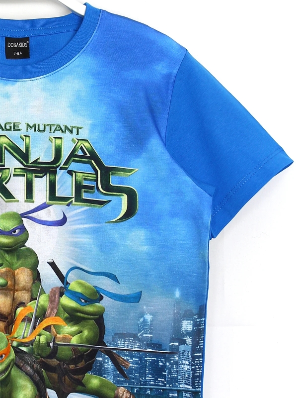 Ön Yüzü Ninja Kaplumbağalar 3D Baskılı, Kolları Ve Sırtı Düz Mavi Renk Erkek Çocuk Tişörtü - Sağ Kol Yakın Çekim | DOBAKIDS