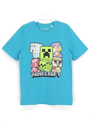 Minecraft Creeper ve Diğer Karakterler Kabartma Baskı Erkek Çocuk Tişört Mavi - Ön Yüz Görünümü | DOBAKIDS