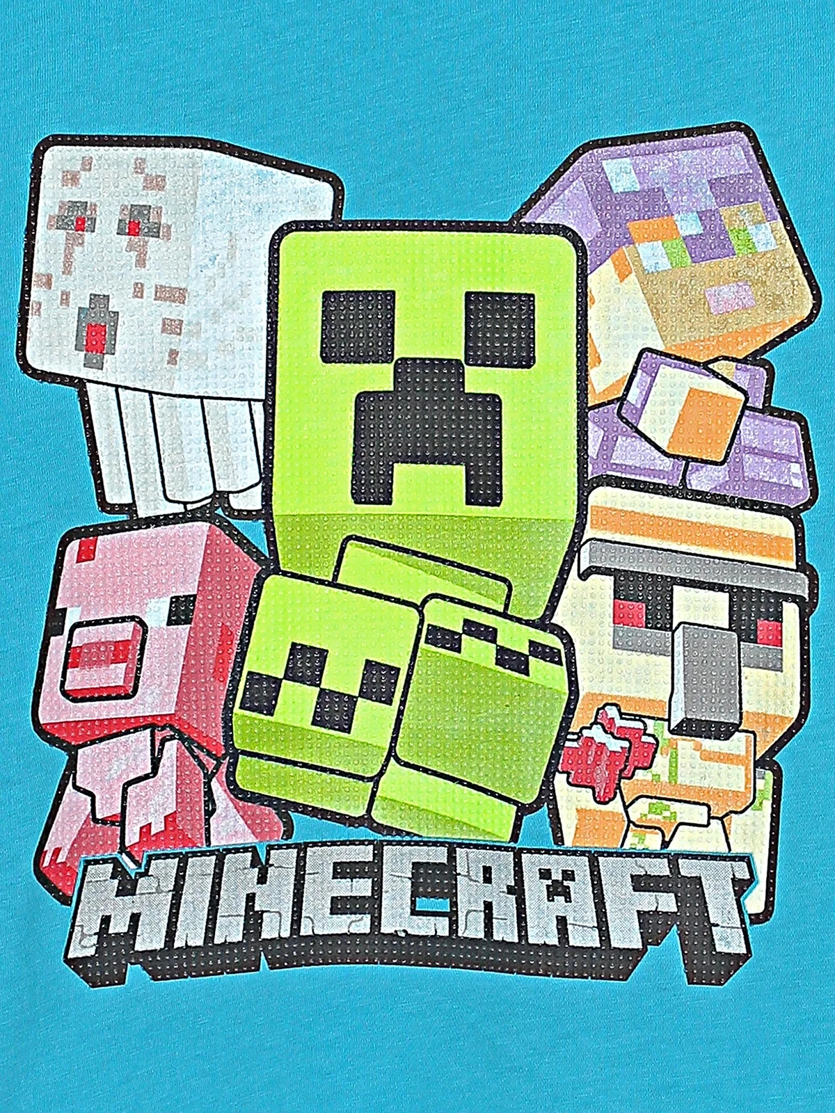 Minecraft Creeper ve Diğer Karakterler Kabartma Baskı Erkek Çocuk Tişört Mavi - Baskı Yakın Çekim | DOBAKIDS