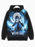 Wednesday 3D Baskılı Kız Çocuk Kapüşonlu Sweatshirt Siyah