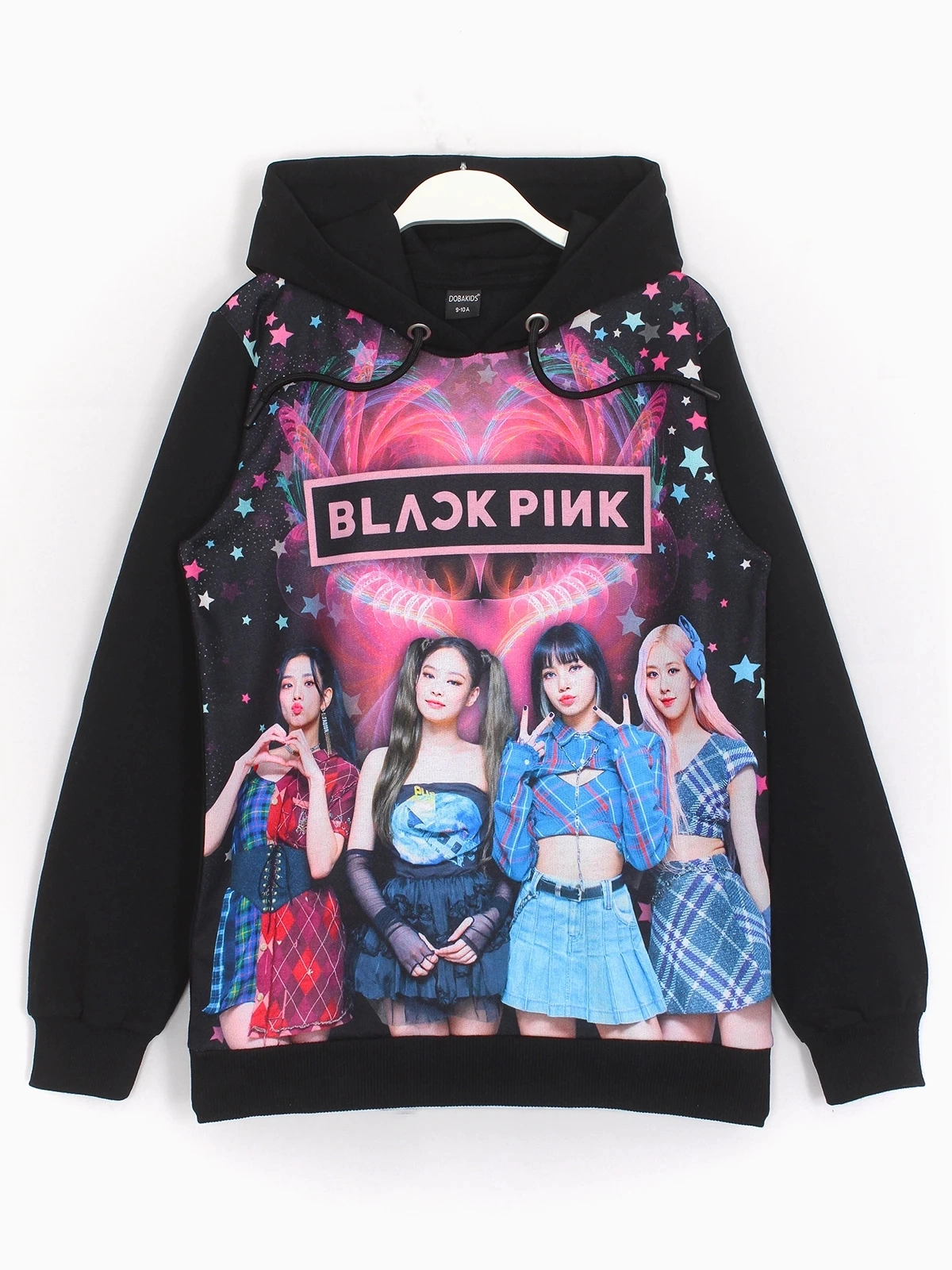 BLACKPINK üyeleri Jisoo, Jennie, Rosé ve Lisa baskılı siyah kapüşonlu kız çocuk sweatshirt | DOBAKIDS