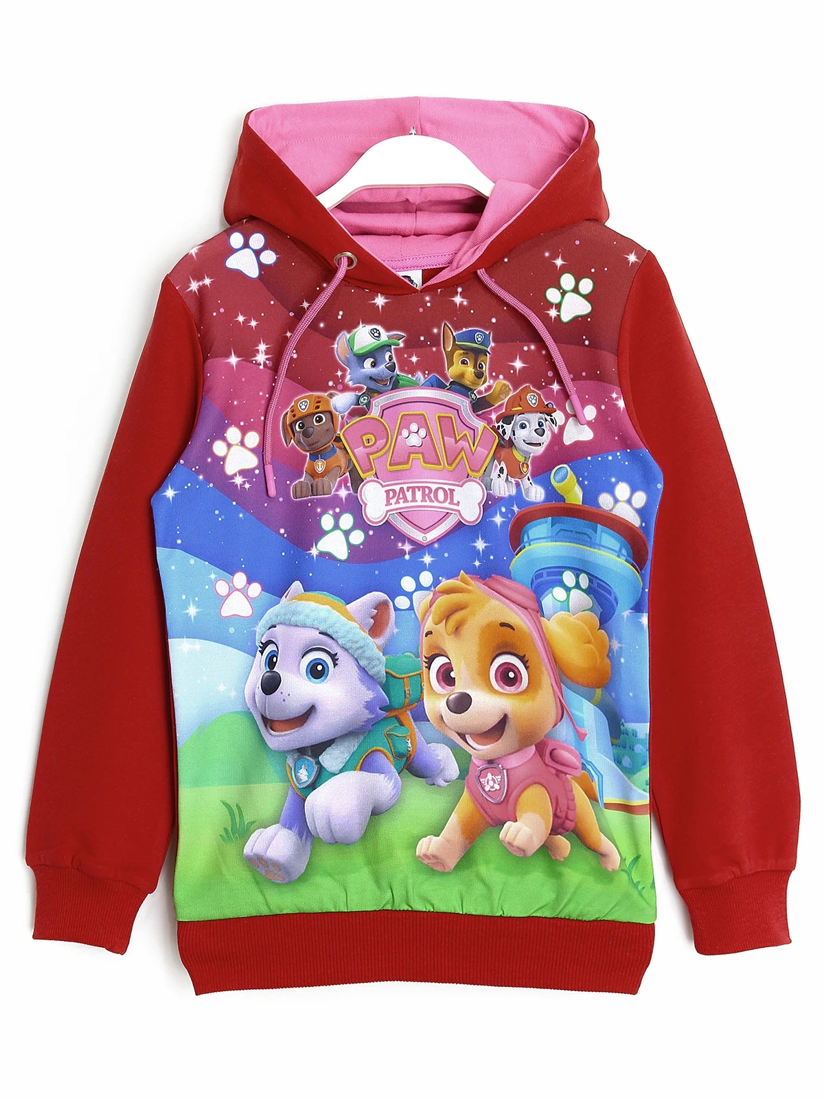 Skye ve Everest ile Paw Patrol ekibi 3D baskılı kırmızı kapüşonlu kız çocuk sweatshirt | DOBAKIDS