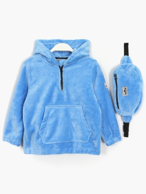 Mavi polar kumaşlı, kapüşonlu, yarım fermuarlı ve kanguru cepli unisex çocuk sweatshirt ve bel çantası kombini | DOBAKIDS