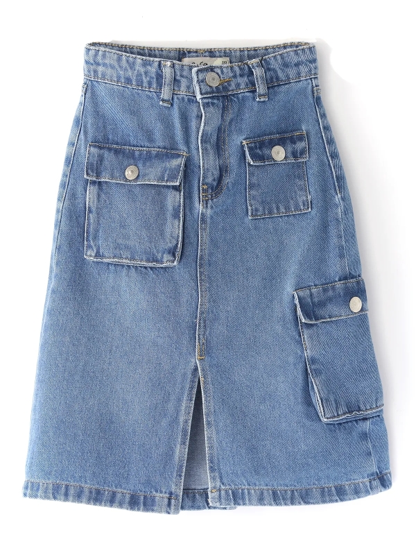 Mavi kız çocuk denim etek; kapaklı kargo cep, yırtmaç ve midi boy tasarım detaylı, Ön yüz görünüm | DOBAKIDS