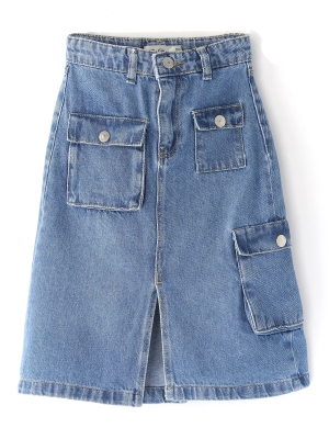 Mavi kız çocuk denim etek; kapaklı kargo cep, yırtmaç ve midi boy tasarım detaylı, Ön yüz görünüm | DOBAKIDS