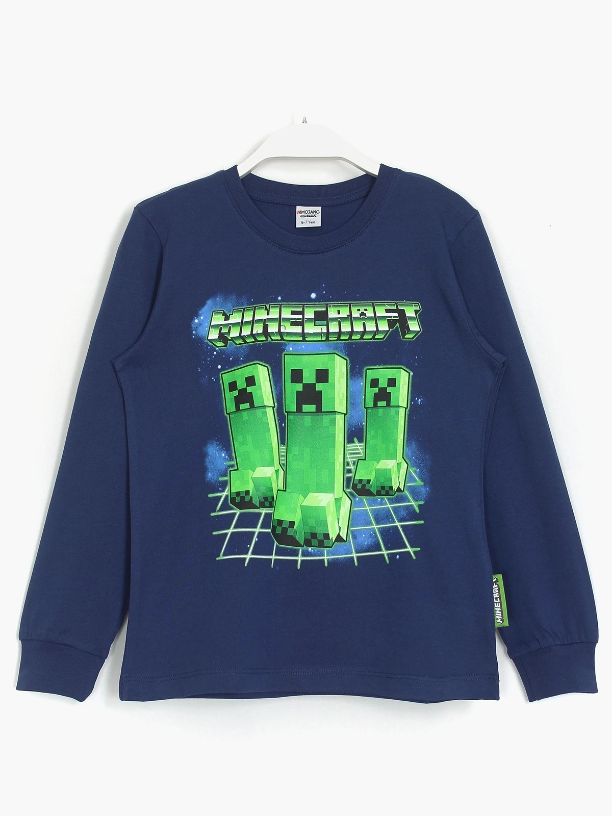 Bisiklet yaka, uzun kollu, ön yüzü Minecraft Creeper baskılı pijama üstü | DOBAKIDS