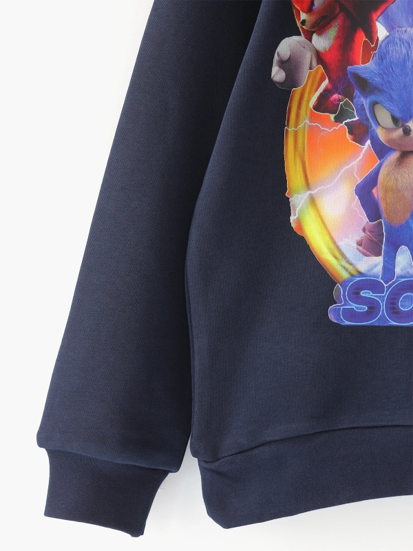 Lacivert renkli, Kirpi Sonic karakteri baskılı, uzun kollu, kalın 3 İp erkek çocuk sweatshirt - Yakın Görünüm | DOBAKIDS