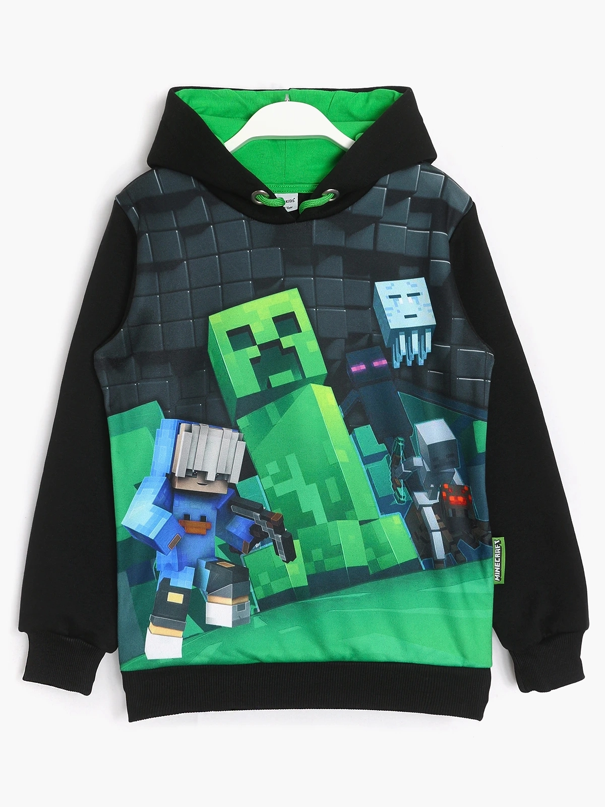 Siyah Erkek Çocuk Minecraft Creeper 3D Baskılı Sweatshirt. Uzun Kollu, Kapüşon İçi Yeşil Renk Astarlı, Yeşil Kordonlu | DOBAKIDS