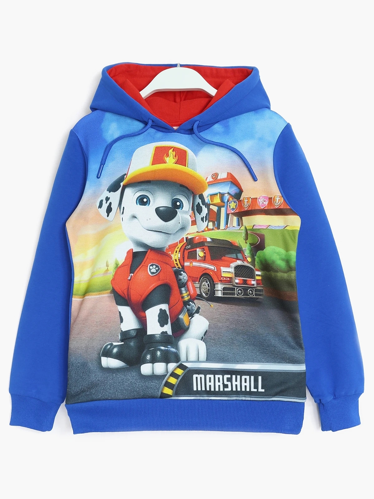 Ön yüz Paw Patrol karakteri Marshall 3D baskılı, kırmızı astarlı kapüşonlu, bağcıklı, mavi erkek çocuk sweatshirt | DOBAKIDS