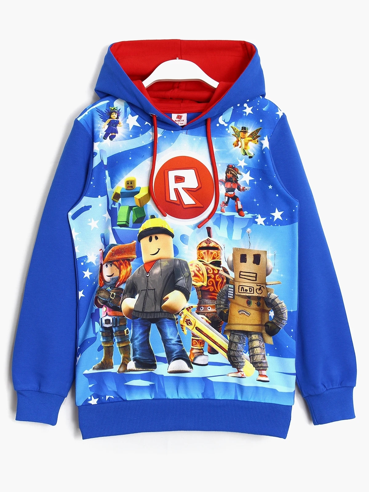 Mavi erkek çocuk kapüşonlu sweatshirt; ön yüzü 3D Roblox karakter baskılı, kapüşon içi kırmızı astarlı, uzun kollu | DOBAKIDS