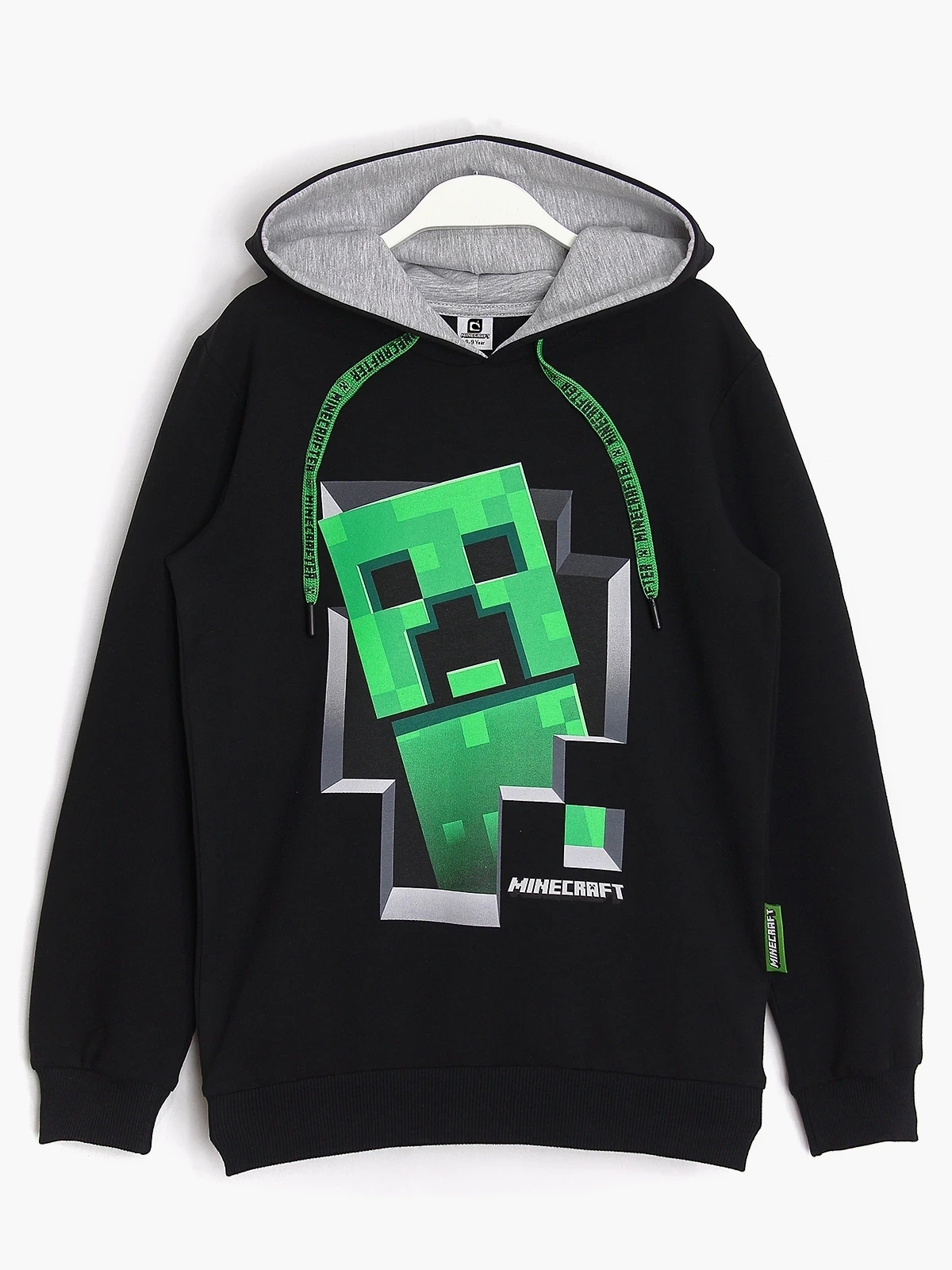 Creeper baskılı, açık gri kapüşon astarlı, Minecraft yazılı yeşil bağcıklı, Siyah erkek çocuk kapüşonlu sweatshirt | DOBAKIDS