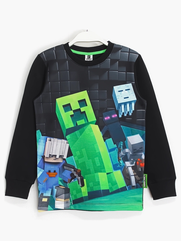 Minecraft Erkek Çocuk 3D Küp Baskılı Basic Sweatshirt Siyah | DOBAKIDS