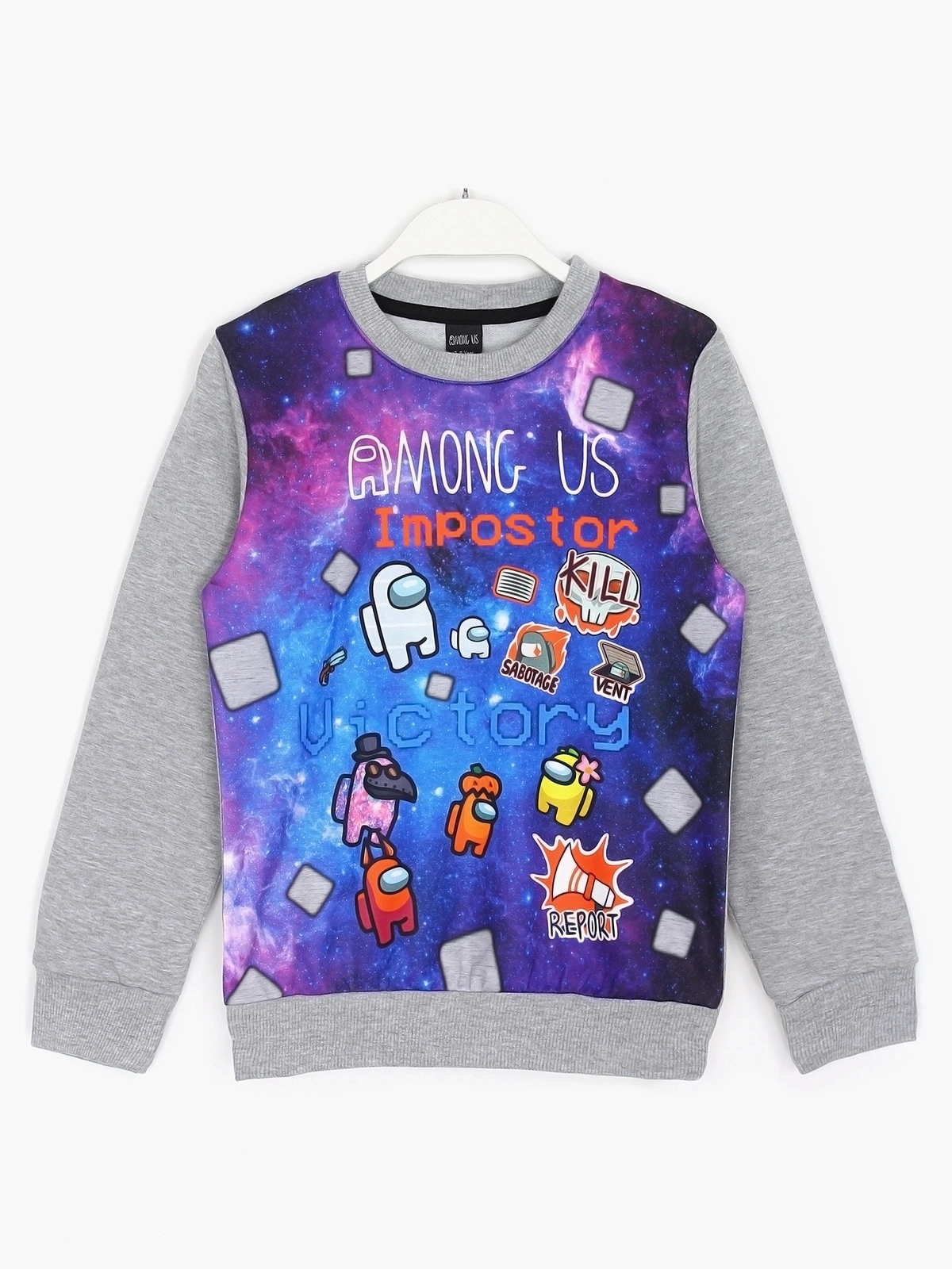 Önünde Among Us karakteri olan, gri renkli, uzun kollu, bisiklet yaka, rahat kesim erkek çocuk mevsimlik sweatshirt | DOBAKIDS