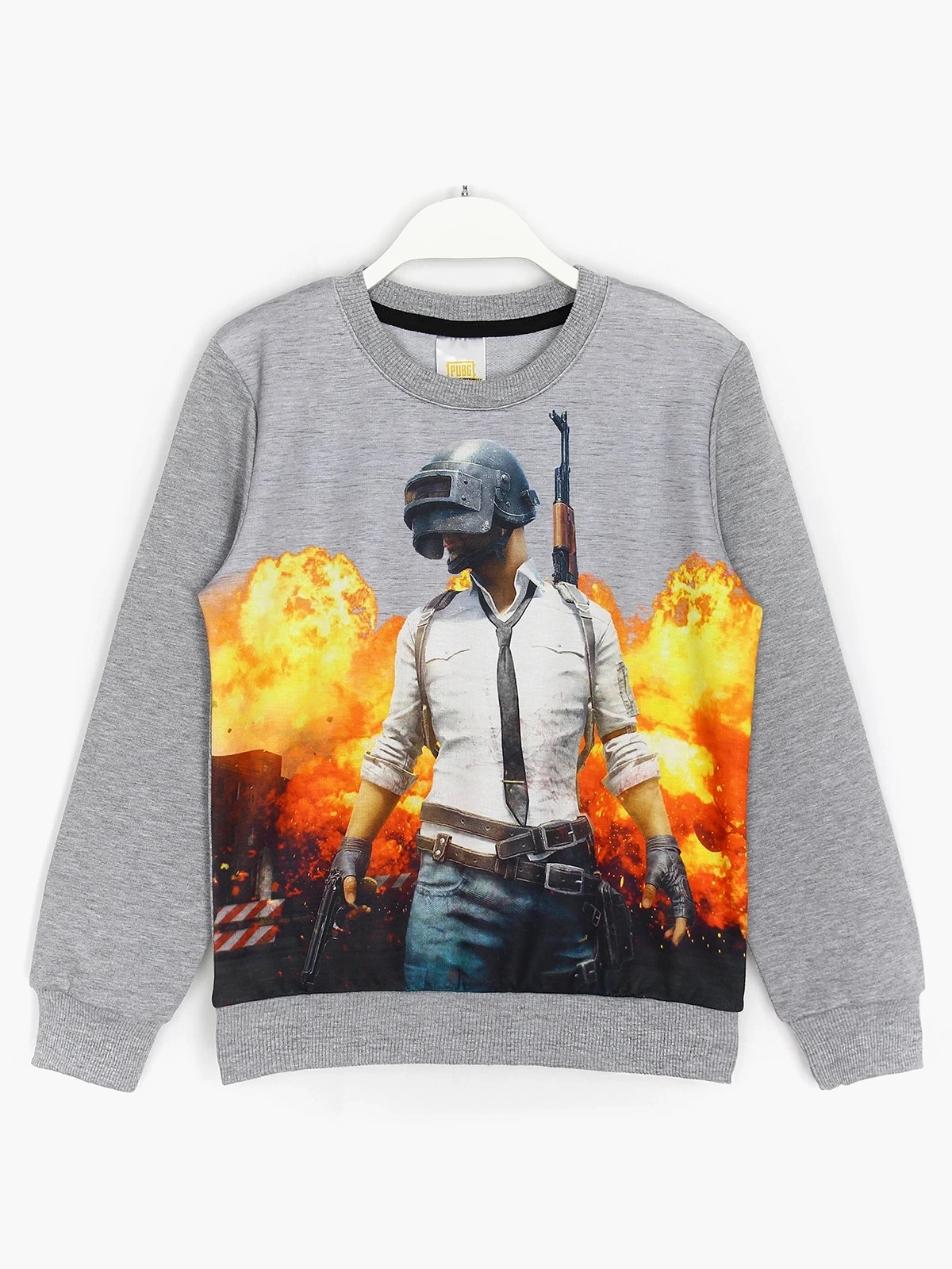Gri melanj renk, PUBG Mobile kasklı karakteri baskılı, bisiklet yaka, uzun kollu erkek çocuk sweatshirt | DOBAKIDS
