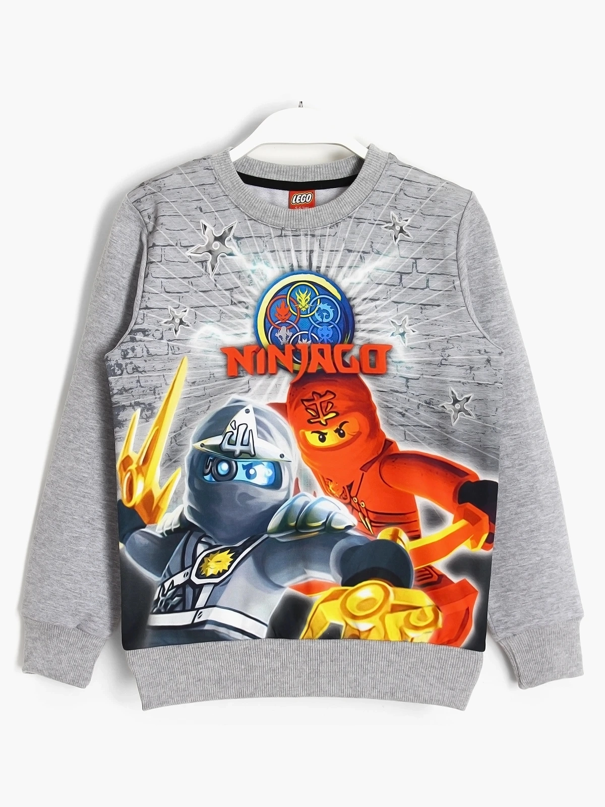 Ön yüzü LEGO Ninjago 3D baskılı, gri melanj renk erkek çocuk bisiklet yaka mevsimlik uzun kollu sweatshirt | DOBAKIDS