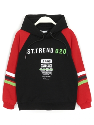 ST Trend 020 yazı baskılı, kolları yatay şerit detaylı, gövdesi siyah, kolları kırmızı, erkek çocuk hoodie | DOBAKIDS