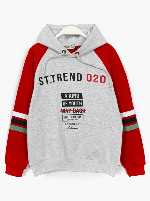 ST Trend 020 yazı baskılı, kolları yatay şerit detaylı, gövdesi gri, kolları kırmızı, erkek çocuk hoodie | DOBAKIDS