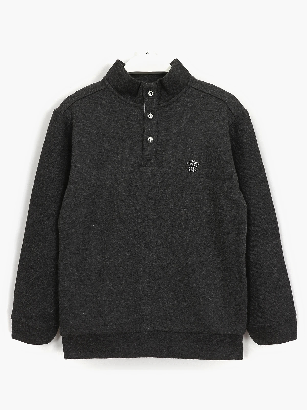 Dik yakalı, yarım pat çıtçıt kapamalı, küçük beyaz W armalı, Antrasit renkli, uzun kollu erkek çocuk sweatshirt | DOBAKIDS