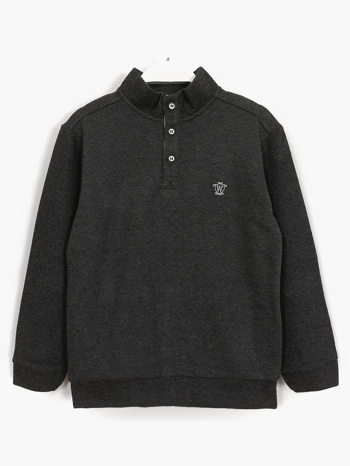 Dik yakalı, yarım pat çıtçıt kapamalı, küçük beyaz W armalı, Antrasit renkli, uzun kollu erkek çocuk sweatshirt | DOBAKIDS