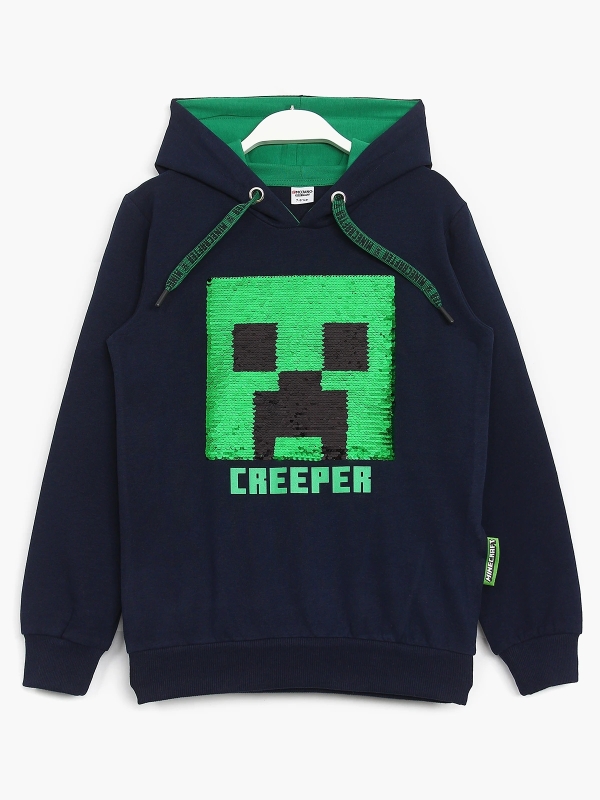 Renk değiştiren pul payetli, Creeper baskılı, Minecraft yazılı bağcıklı, astarlı kapüşonlu erkek çocuk hoodie | DOBAKIDS