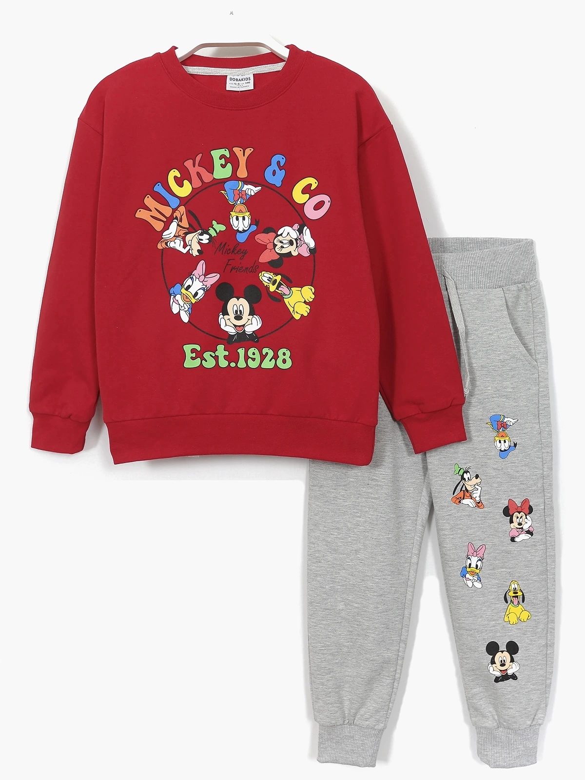 Ön yüzü kırmızı Mickey Friends baskılı sweatshirt ve gri melanj eşofman altından oluşan kız çocuk eşofman takımı | DOBAKIDS