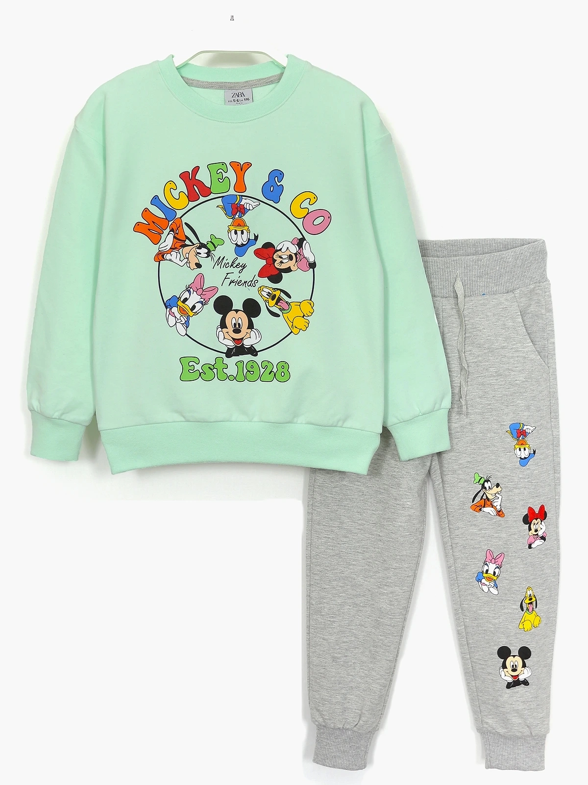 Ön yüzü su yeşili Mickey Friends baskılı sweatshirt ve gri melanj eşofman altından oluşan kız çocuk eşofman takımı | DOBAKIDS
