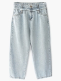 Kemer Altı Ham Kenar Detaylı Tapered Baggy Fit Kız Çocuk Buz Mavi Denim Pantolon
